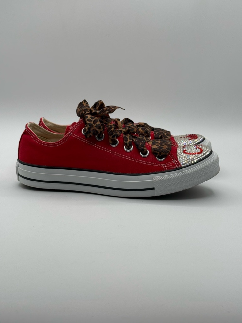 Custom Red Converse Sneakers w/ Leopard Laces & Rhinestone Low Top Chuck Taylors - Picture 6 of 16